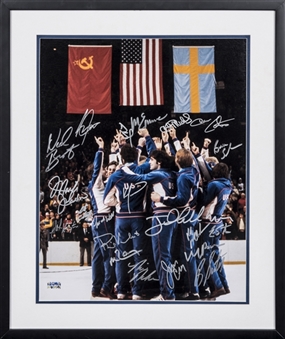1980 Winter Olympics USA Mens "Miracle on Ice" Hockey Team Signed Photo With 19 Signatures In 22x26 Framed Display (Beckett)